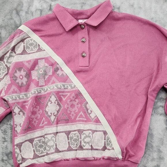 Vintage 80s Graff Top Womens M Pink Silver Metallic Glitter 3/4 Sleeve Polo - Picture 2 of 9